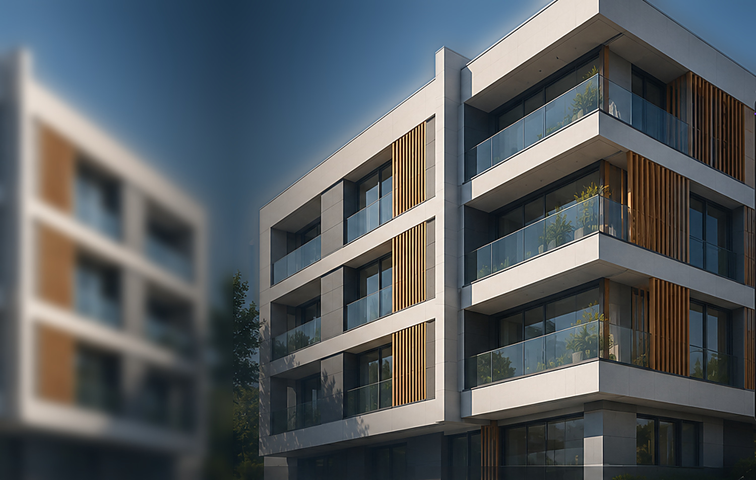 Edificio de viviendas de arquitectura contemporánea con fachada de placa de gran formato, lamas verticales de madera y balcones con barandilla de vidrio.