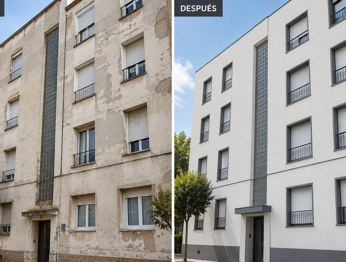 Comparativa antes y después de la rehabilitación de una fachada.