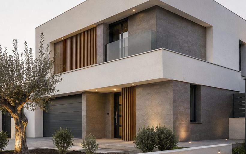 Vivienda unifamiliar de dos plantas con volúmenes rectos, acabado continuo claro combinado con aplacado de porcelánico de gran formato sobre SATE y lamas verticales de madera.