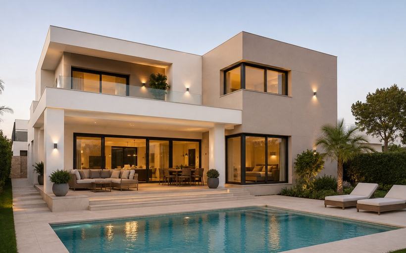 Vivienda unifamiliar moderna al atardecer con acabado continuo en tono arena, porche cubierto, terraza volada y piscina.