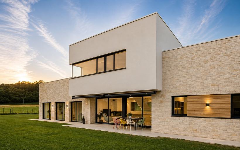 Vivienda unifamiliar de dos plantas en entorno rural al atardecer, con volumen superior de acabado continuo claro y planta baja revestida en aplacado de piedra natural.