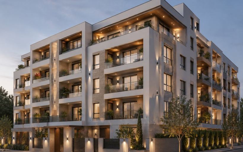Promoción residencial de cinco alturas en esquina, con acabado continuo en tono claro, paños verticales de aplacado y balcones corridos iluminados al atardecer.