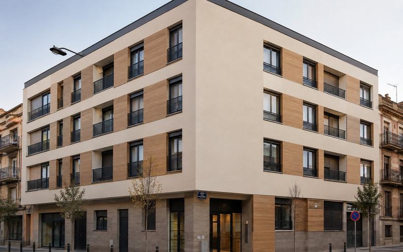 Edificio de viviendas de cuatro alturas en esquina, con fachada de acabado continuo en tono arena, paños verticales de acabado madera junto a los huecos y zócalo de planta baja aplacado.