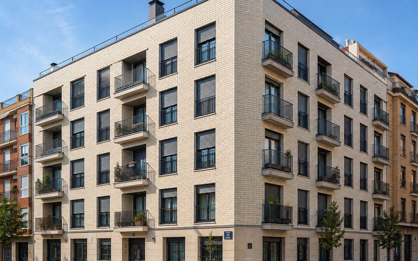 Edificio residencial de cinco alturas en esquina con acabado cerámico de formato pequeño en tono crema, balcones volados con barandilla de forja y zócalo diferenciado en planta baja.
