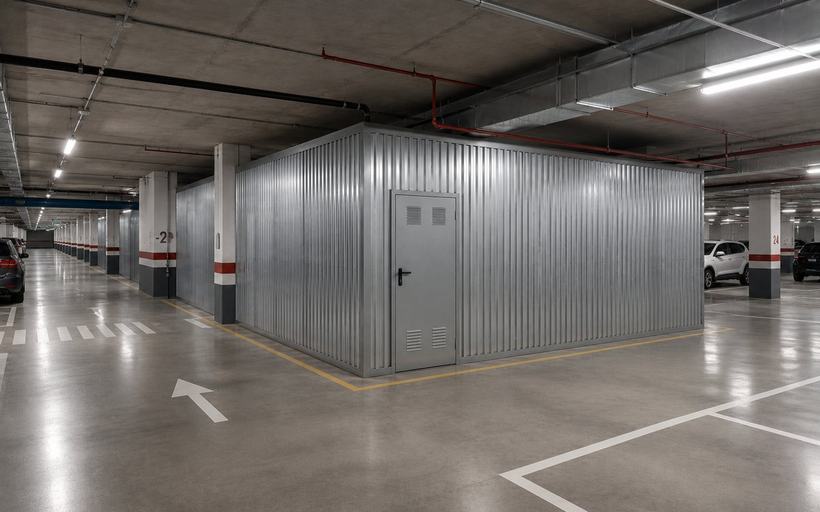 Planta de garaje con varios recintos cerrados en chapa minionda galvanizada de perfil vertical, con puertas metálicas integradas y pilares señalizados.