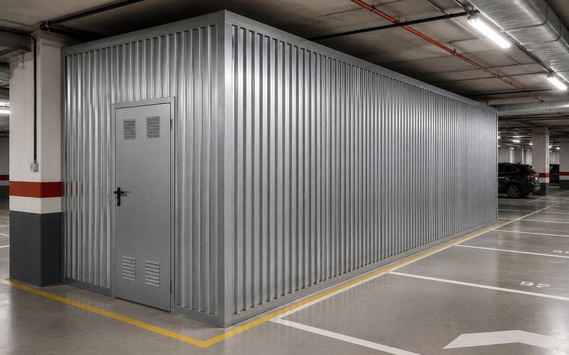 Recinto alargado en planta de garaje cerrado con chapa minionda galvanizada, con puerta metálica ventilada y encuentro superior contra el forjado de hormigón.