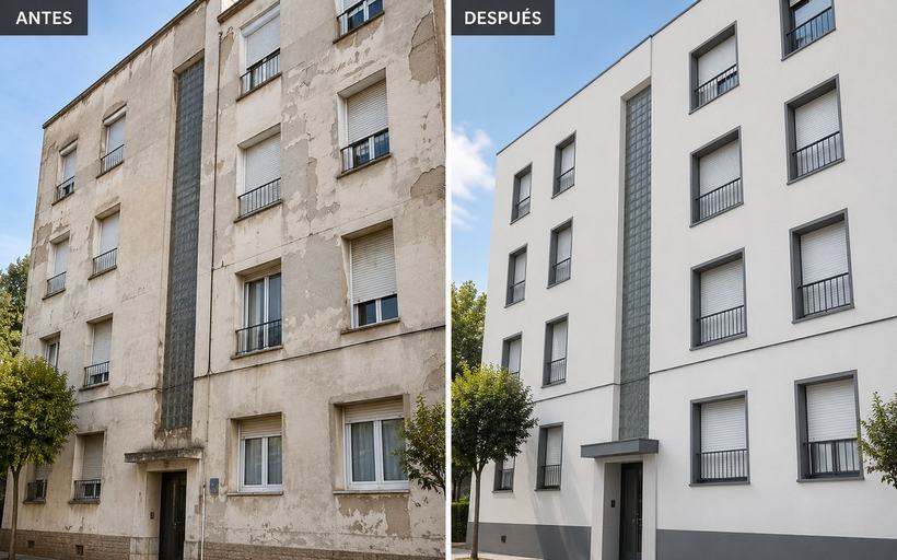 Comparativa antes y después de la rehabilitación de una fachada: a la izquierda el paño con el revestimiento desprendido y fisurado; a la derecha el mismo edificio con acabado nuevo, recercados de hueco y zócalo diferenciado.
