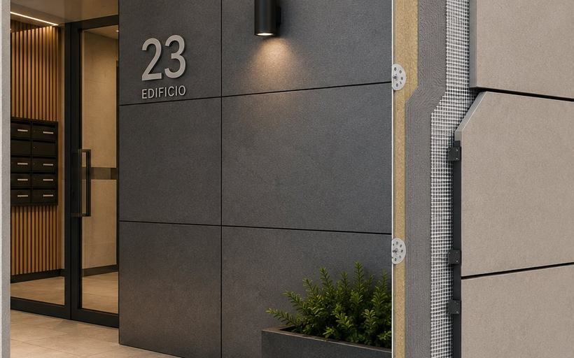Portal de edificio revestido con placas de gran formato sobre subestructura, con numeración y luminaria, y detalle de la sección: aislamiento, malla, capa base y anclaje mecánico de la placa.
