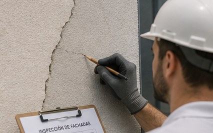 Técnico señalando una fisura en el paño de fachada con un parte de inspección en la mano, durante una revisión periódica de la envolvente.