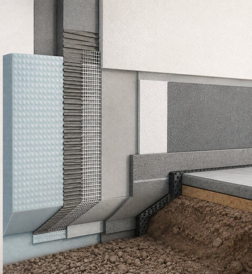 Detalle constructivo del arranque de fachada con SATE de XPS: panel de poliestireno extruido en el zócalo, capa base armada con malla de refuerzo, lámina nodular drenante y transición a la cota de terreno.