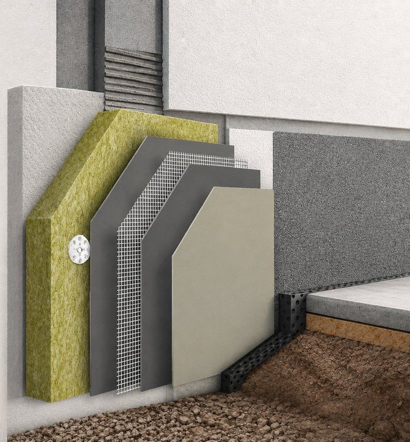 Sección constructiva de un sistema SATE con panel de lana de roca: soporte, adhesivo, aislamiento mineral, taco de fijación mecánica de cabeza ancha, capa base armada con malla y acabado decorativo.