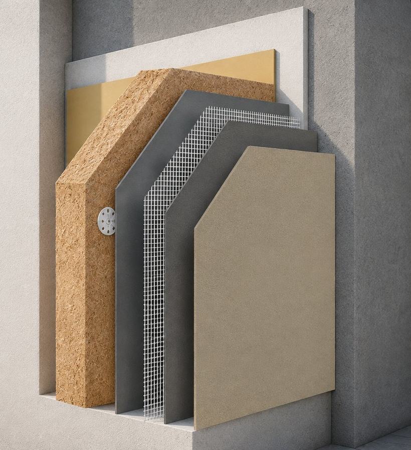 Sección constructiva de un sistema SATE con panel aislante de fibra de madera: soporte, adhesivo, panel de fibra, taco de fijación mecánica, capa base armada con malla de refuerzo y acabado decorativo.